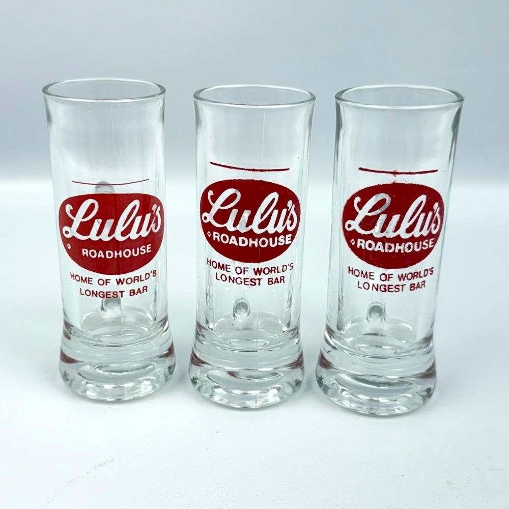 Lulu's Roadhouse Shot Glasses Set of 3 Home of World's Longest Bar France Vintag